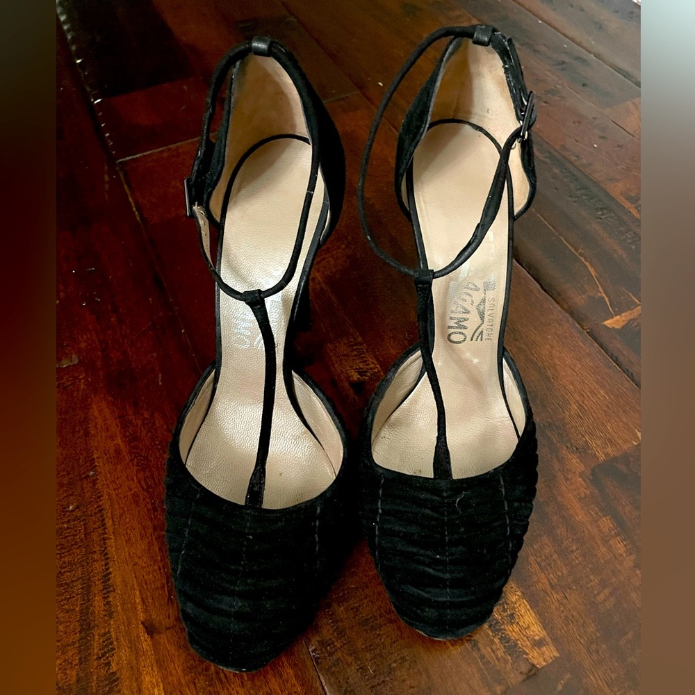 Salvatore Ferragamo black suede t strap heels